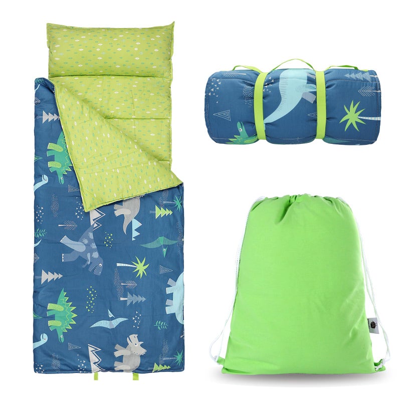 Hi Sprout Toddlers Nap Mat with Removable Pillow and Soft Blanket, Lightweight Daycare Preschool Kindergarten Sleeping Bag, Travel Slumber for Kids Girls Boys-Dinosaur - Image 1